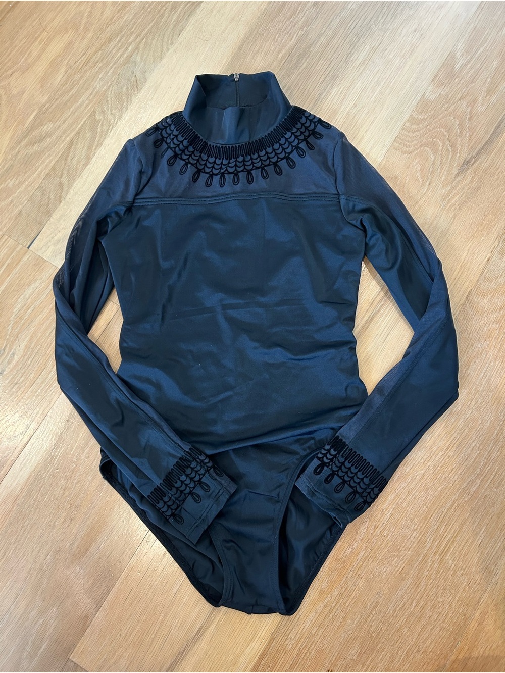 Weissman Black Long-Sleeve Mock Neck Dance Leotard with Embroidered Trim